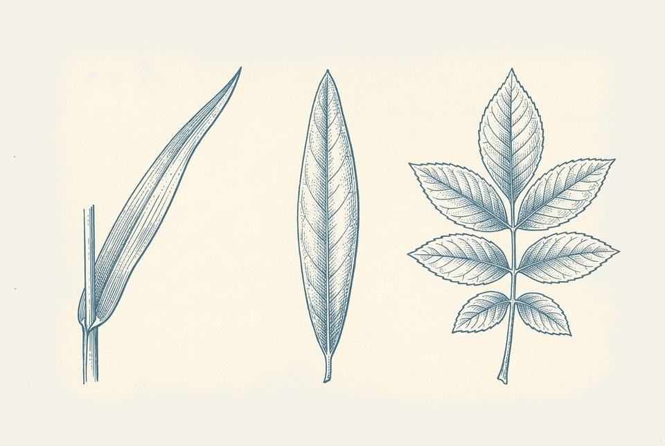 Vintage botanical-plate compositie van haver, olijf en walnoot bladeren